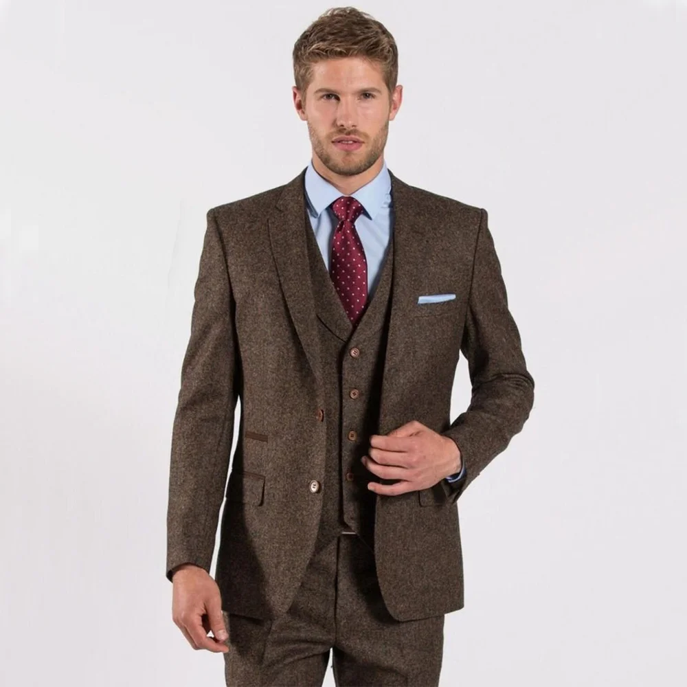 Top Trends: Slim Fit Tweed Wool Three Piece Vintage Style Brown Mens Suit For Wedding, Winter, Groom Wear And Groomsmen Suit Shoppable Styles