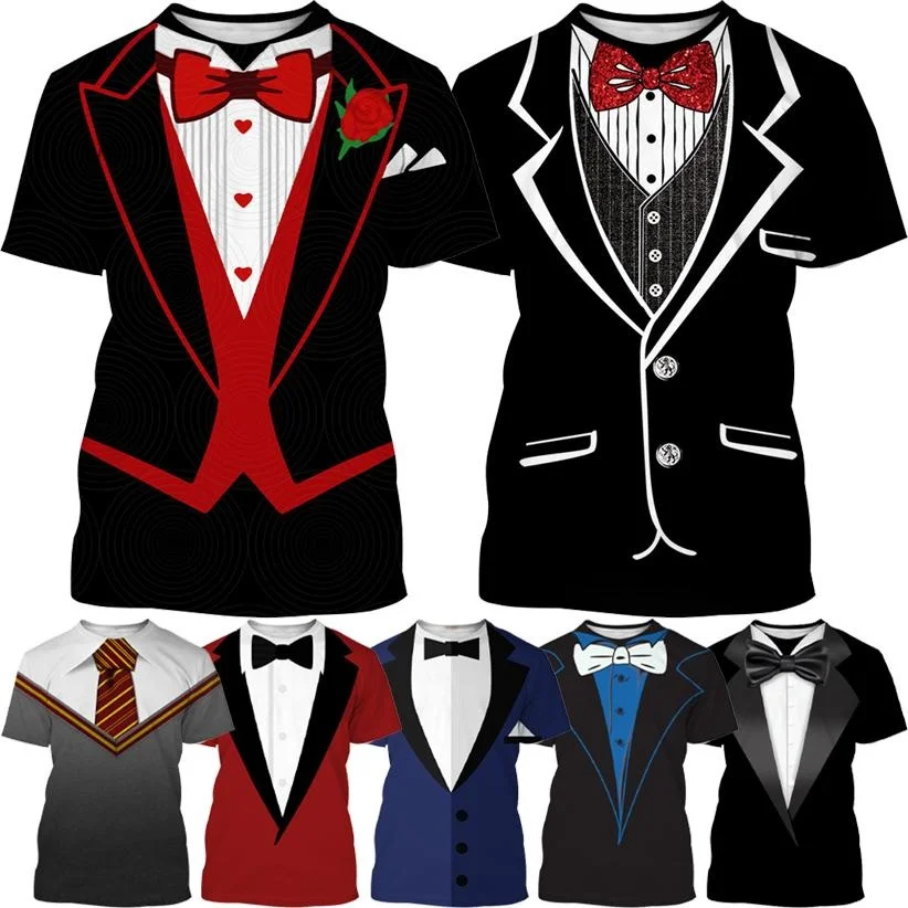 Top Trends: 2023 Summer Men's Tuxedo Retro Tie Suit T-shirt Bow Tie 3d Print T-shirt Casual Short-sleeved Street Funny Fake Suit Top Shoppable Styles