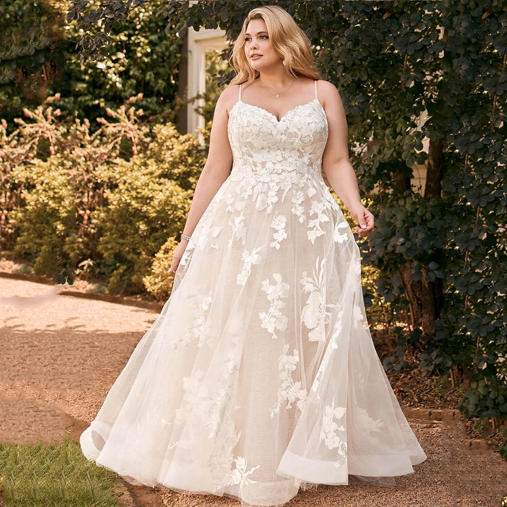 Top Trends: Pastoral Spaghetti Straps Wedding Dresses For Bride Plus Size Backless Bride Gowns Appliques Sweep Train A-Line Vestido De Noiva Shoppable Styles