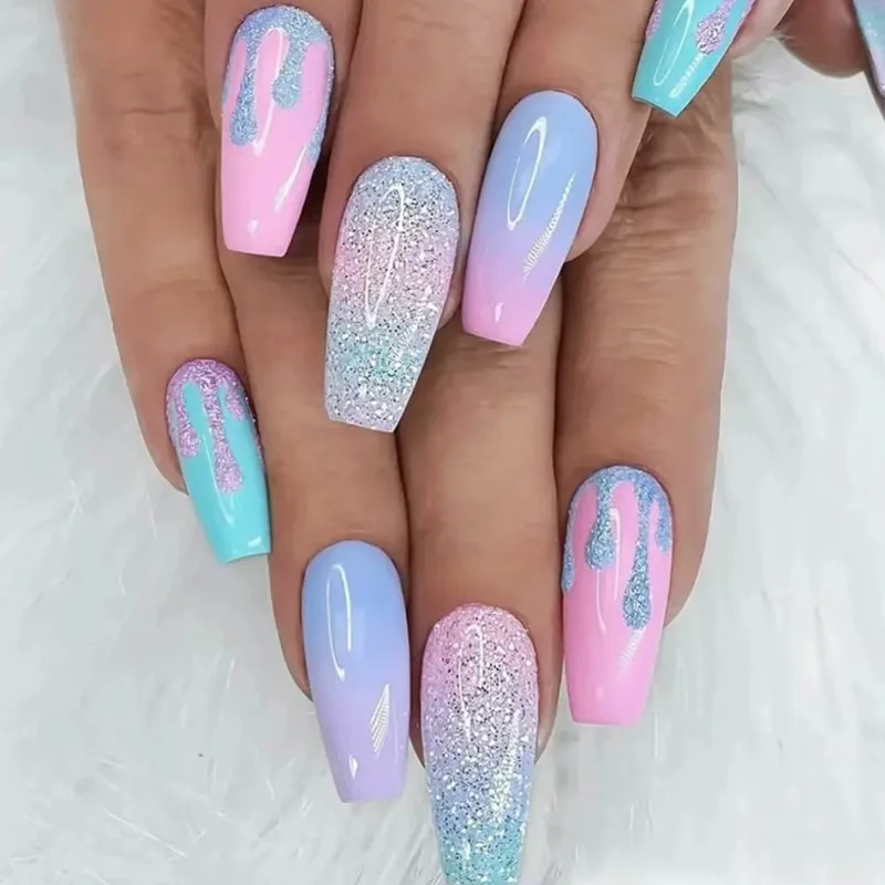 Top Trends: 24Pc / Lot Light Pink Blue Gradient Long Ballet Fake Nails Acrylic Press On Nail Tips Removable Artificial Wearing False Nails Art Shoppable Styles