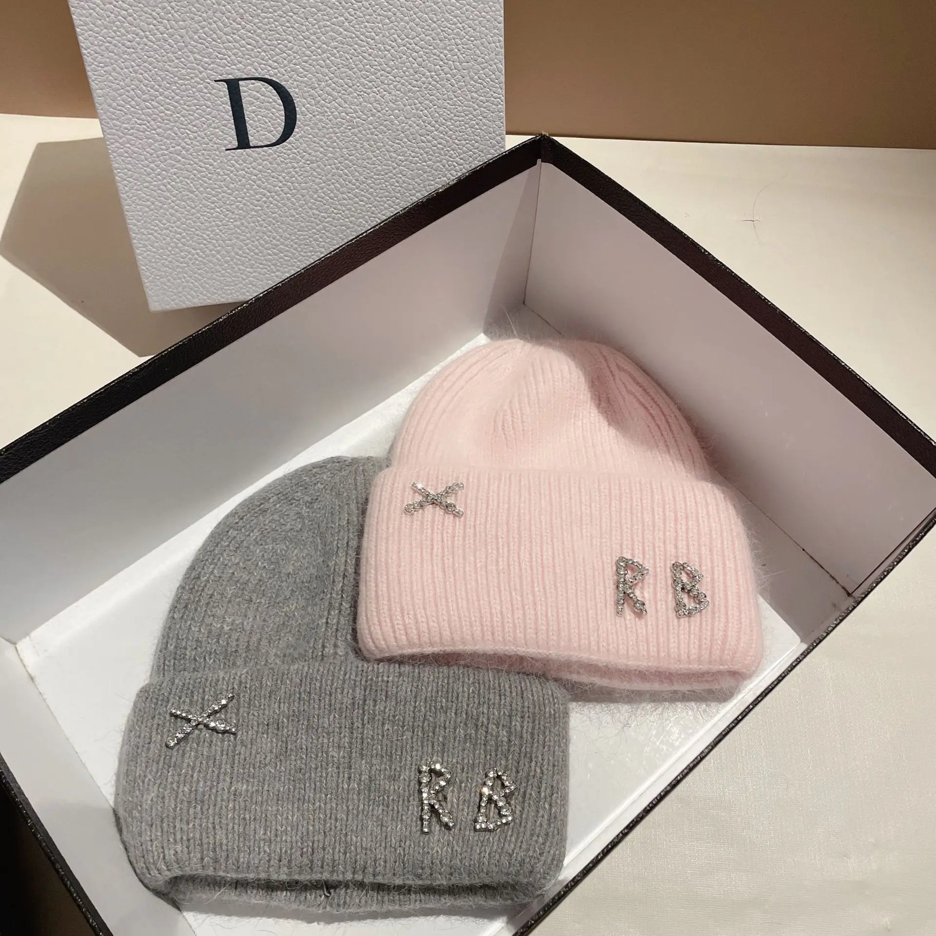 Top Trends: Real Rabbit Fur Diamonds Letter Beanies Hats For Women Winter Warm Knitted Hat Famous Brand Lady Casual Bonnet Skiing Cap Shoppable Styles