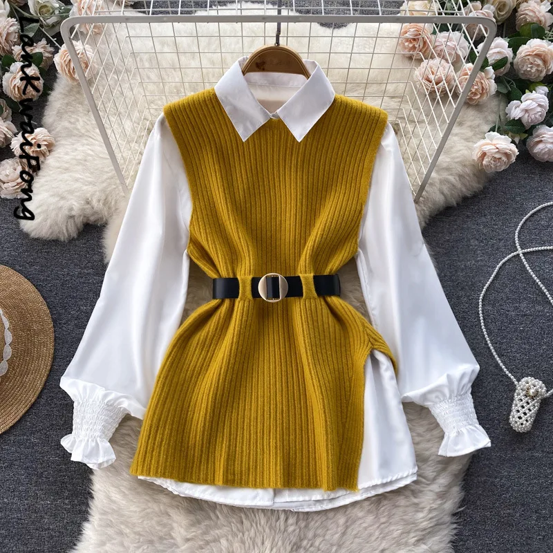 Top Trends: LKF Light Luxury Ladies Dress Set Women's Loose Long-sleeved White Shirt Top + Slit Knitted Vest Vest Two-piece Set Shoppable Styles