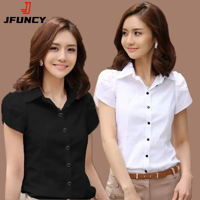 Top Trends: JFUNCY Women's Shirt 2024 Summer Women Top Female Black White Shirts Office Ladies Blouse OL Clothes Woman Short Sleeve Workwear Shoppable Styles