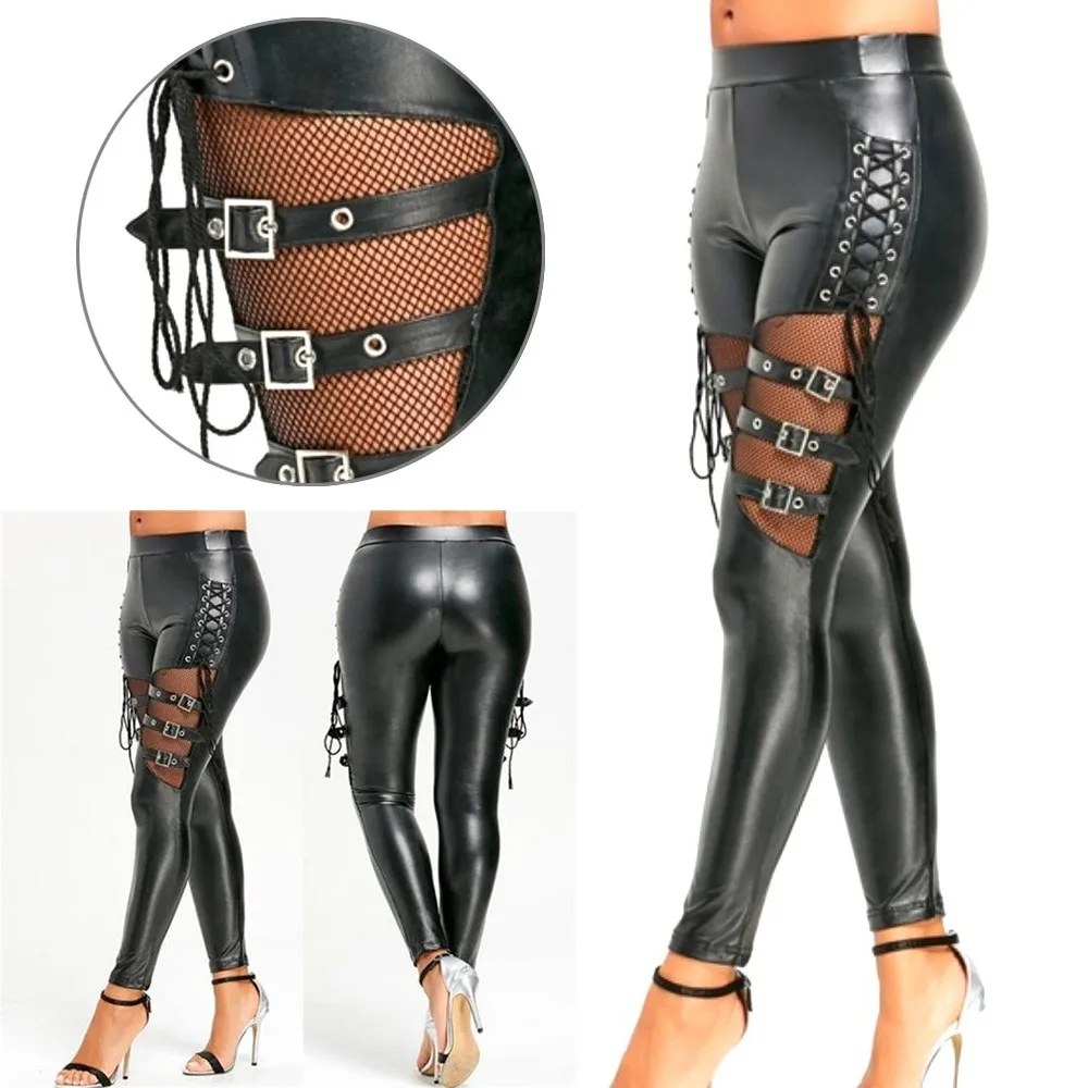 Top Trends: Women PU Leather Skinny Slim Trouser Gothic Punk Leggings Fishnet Trim Lace Pant Faux PU Leather Pencil Pants Club Clothing Shoppable Styles