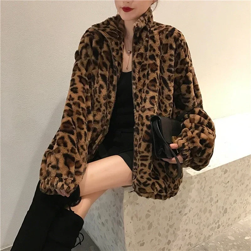 Top Trends: Women Vintage Leopard Stand Collar Zipper Outwear 2023 Winter Jacket Lady Loose Oversized Fuzzy Coats Female Casual Streetwear Shoppable Styles