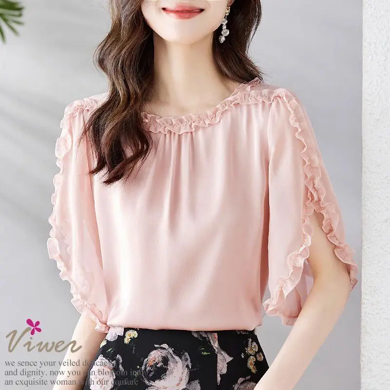 Top Trends: Summer Fashion New Pleated Solid Round Neck Pullover Short Sleeve Loose Chiffon Top Casual And Simple Trend Women&#039;s Clothing Shoppable Styles