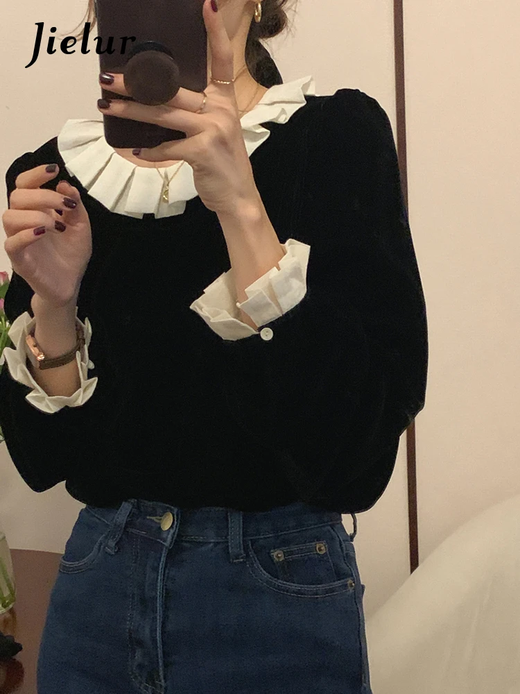 Top Trends: Jielur Autumn Retro Contrast Color Women Blouse Sweet Lady Slim Chic Blouse Woman Black Fashion Street Long-sleeved Top Female Shoppable Styles