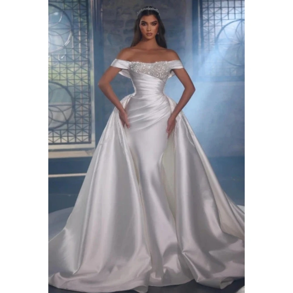 Top Trends: Luxury Mermaid Wedding Dresses Sparkle Beading O Neck Pleat Satin Ball Gowns Detachable Train Formal Bride Beach Party 웨딩드레스 Shoppable Styles