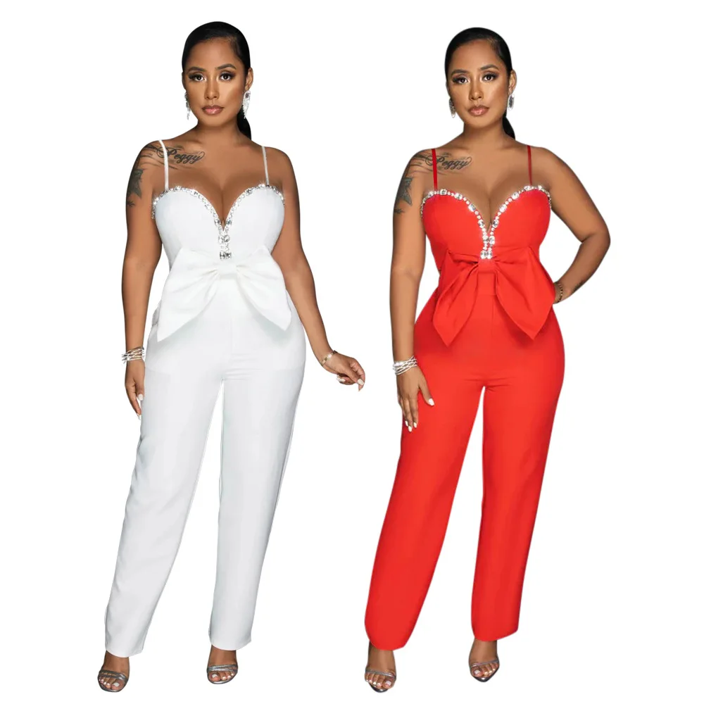 Top Trends: Fashion Women Butterfly Waist Crystal Spaghetti Strap Jumpsuit 2023 Autumn Sexy Party Playsuit One Piece Suit Romper Shoppable Styles