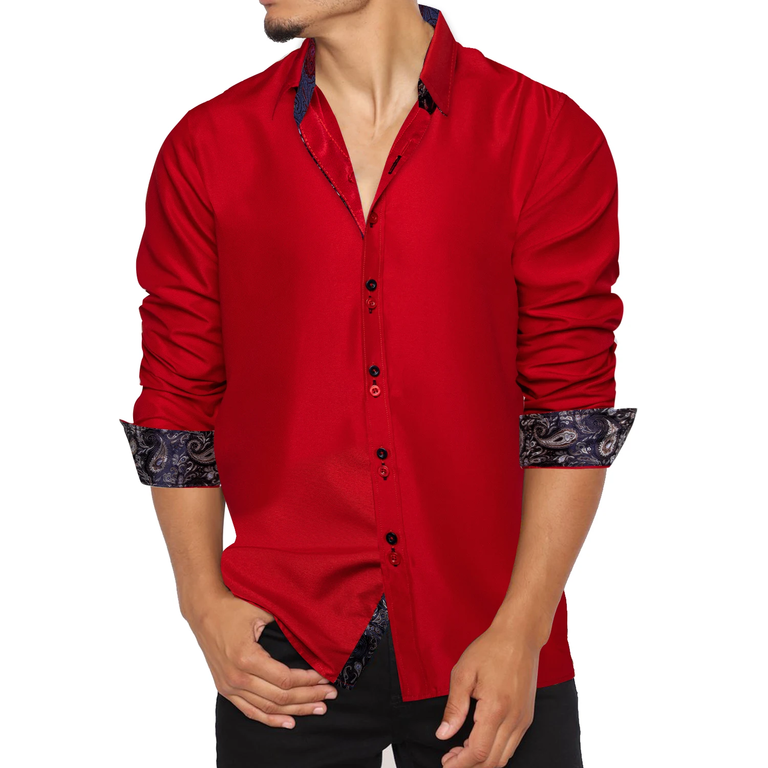 Top Trends: DiBanGu Men Shirt Long Sleeve Red Solid Blue Paisley Color Contrast Fashion Dress Shirt For Men Button-down Collar Men Clothing Shoppable Styles