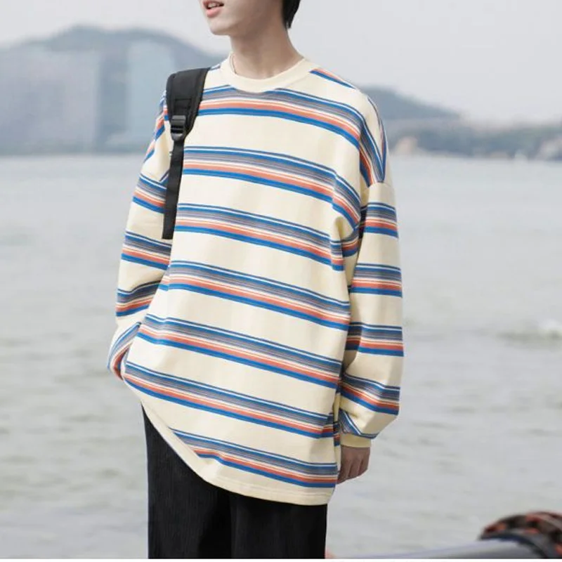 Top Trends: 2023 New Spring And Autumn Fashion Trend Round Neck Contrast Stripe Loose Casual Versatile Oversize Men&#039;s Long Sleeve Sweater Shoppable Styles