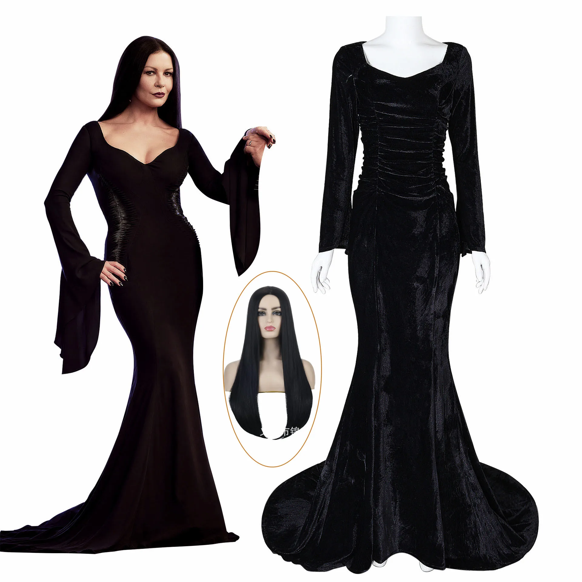 Top Trends: Disfraz De Cosplay De Morticia Para Mujer, Peluca Negra Sexy Ajustada, Vestido De Noche De Fiesta Para Halloween Y Carnaval Cos Shoppable Styles