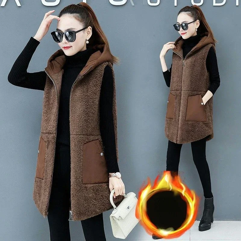 Top Trends: Women Lamb Wool Vest Coat Autumn Winter Warm Hooded Cardigan Sleeveless Tops Plus Size Loose Korean Fashion Thick Shoppable Styles - Image 2