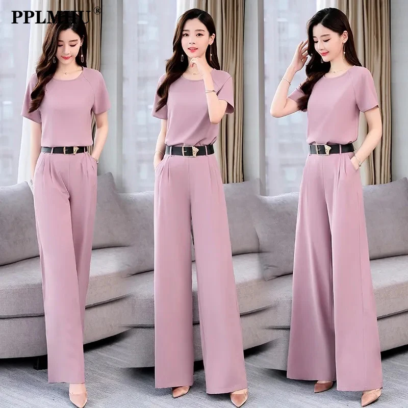 Top Trends: Korean Fashion Wide Leg Pant Suit Elegant Chiffon Solid 2 Piece Set Women Outfit Casual Short Sleeve Belt Top And Trousers Sets Shoppable Styles