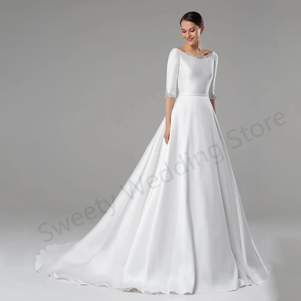 Top Trends: 2023 Modern Satin Wedding Dress Vestido De Noiva Scoop Neck Half Sleeves Beading Stones A Line Bridal Gown For Women Bride Shoppable Styles