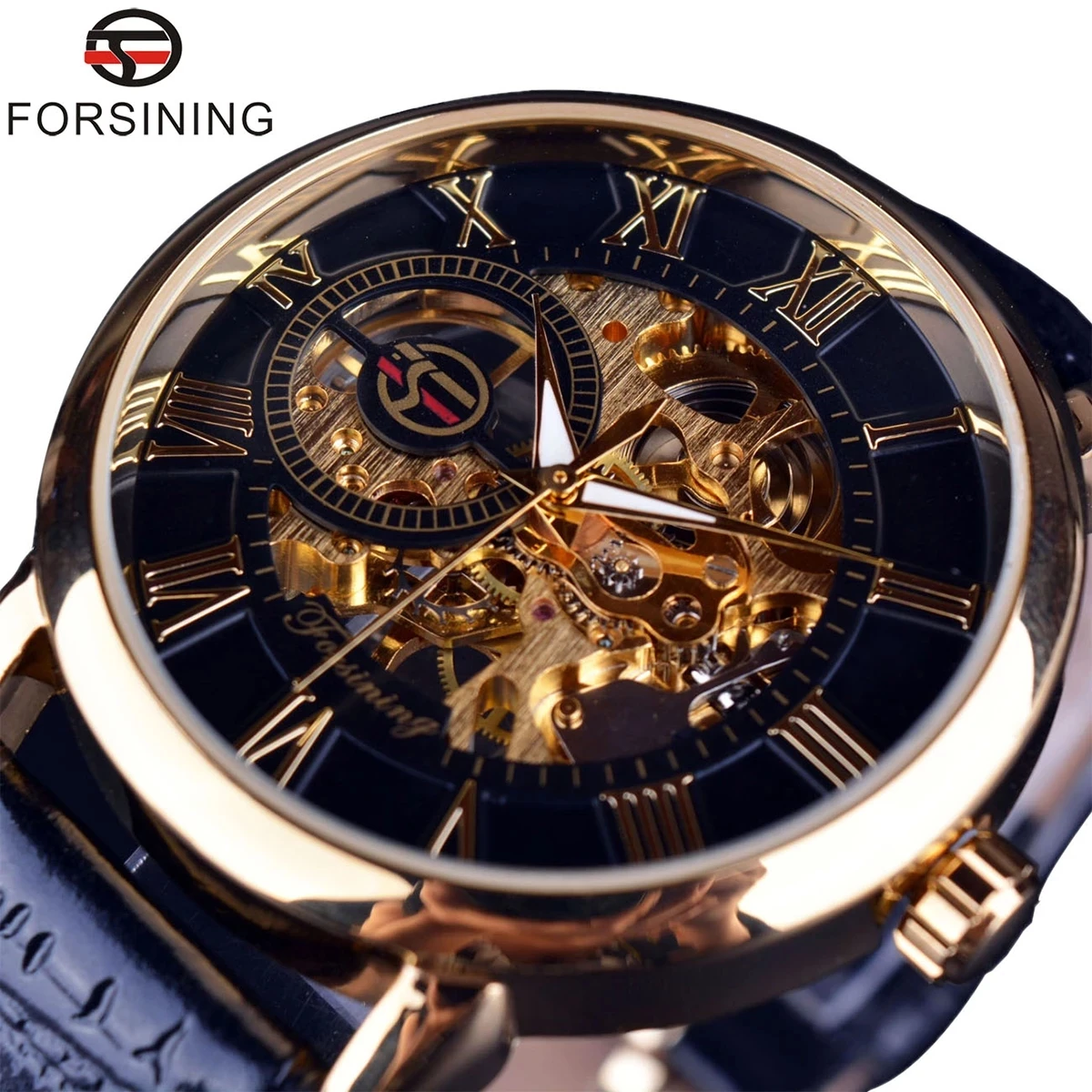 Top Trends: Forsining 3d Logo Design Hollow Engraving Black Gold Case Leather Skeleton Mechanical Watches Men Luxury Brand Heren Horloge Shoppable Styles