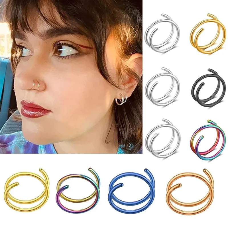 Top Trends: 1 Pair Stainless Steel Double Spiral Nose Hoop Ring Silver Color Spiral Nose Hoop Set For Women Men Nostril Piercing Jewelry Shoppable Styles