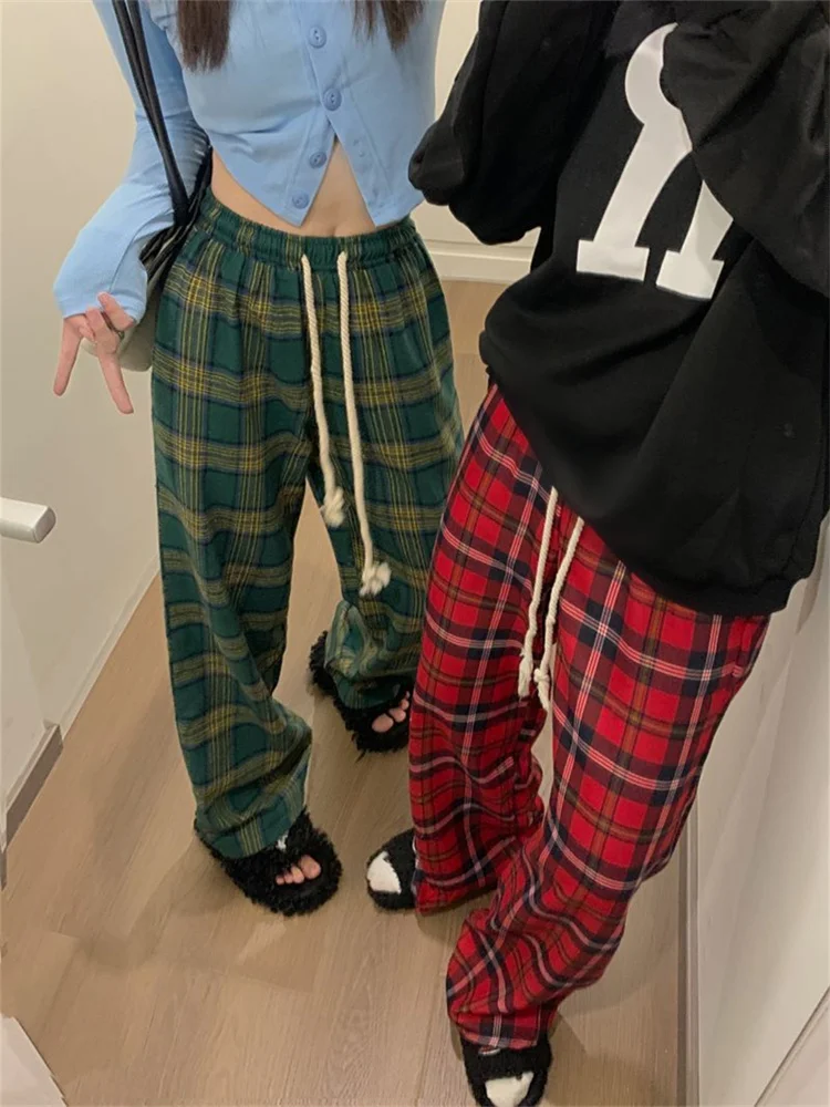 Top Trends: QWEEK Korean Fashion Red Plaid Pants Women Y2K Vintage Green Oversized Wide Leg Checkered Trousers Harajuku Jogging Sweatpants Shoppable Styles