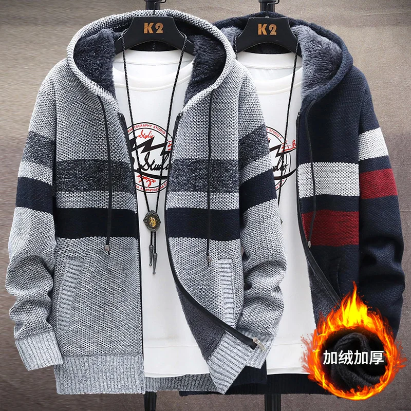 Top Trends: Men&#039;s Winter Knitted Sweater Print Korean Fashion Clothes Knitwears Clothing Cardigan Hooded With Plush Thickened Color Matching Shoppable Styles