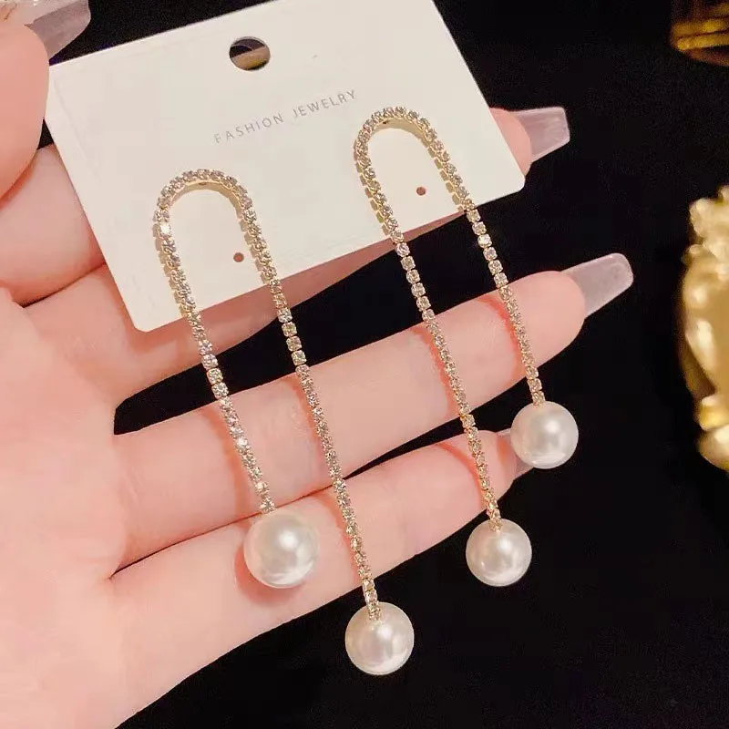 Top Trends: Korean Fashion Fairy Long Crystal Pearl Earrings For Women Jewelry 2023 Trending New Luxury Zircon Women's Tassel Drop Earrings Shoppable Styles