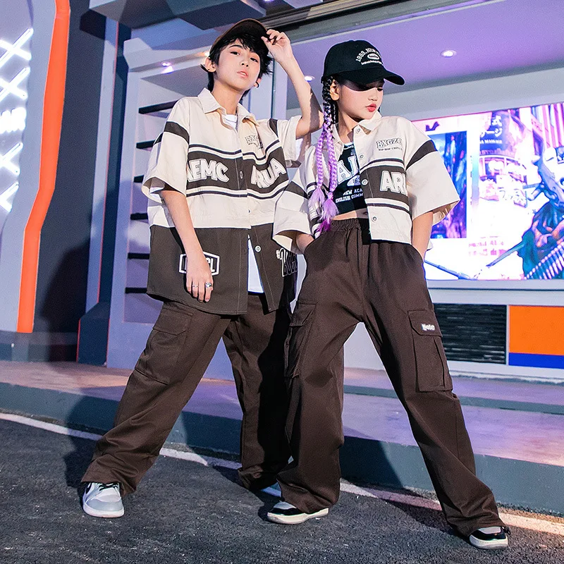 Top Trends: Kids Hip Hop Clothing Short Sleeve Shirt Jacket Top Brown Cargo Pants For Girl Boy Jazz Dance Costume Teenager Street Wear 8 10Y Shoppable Styles