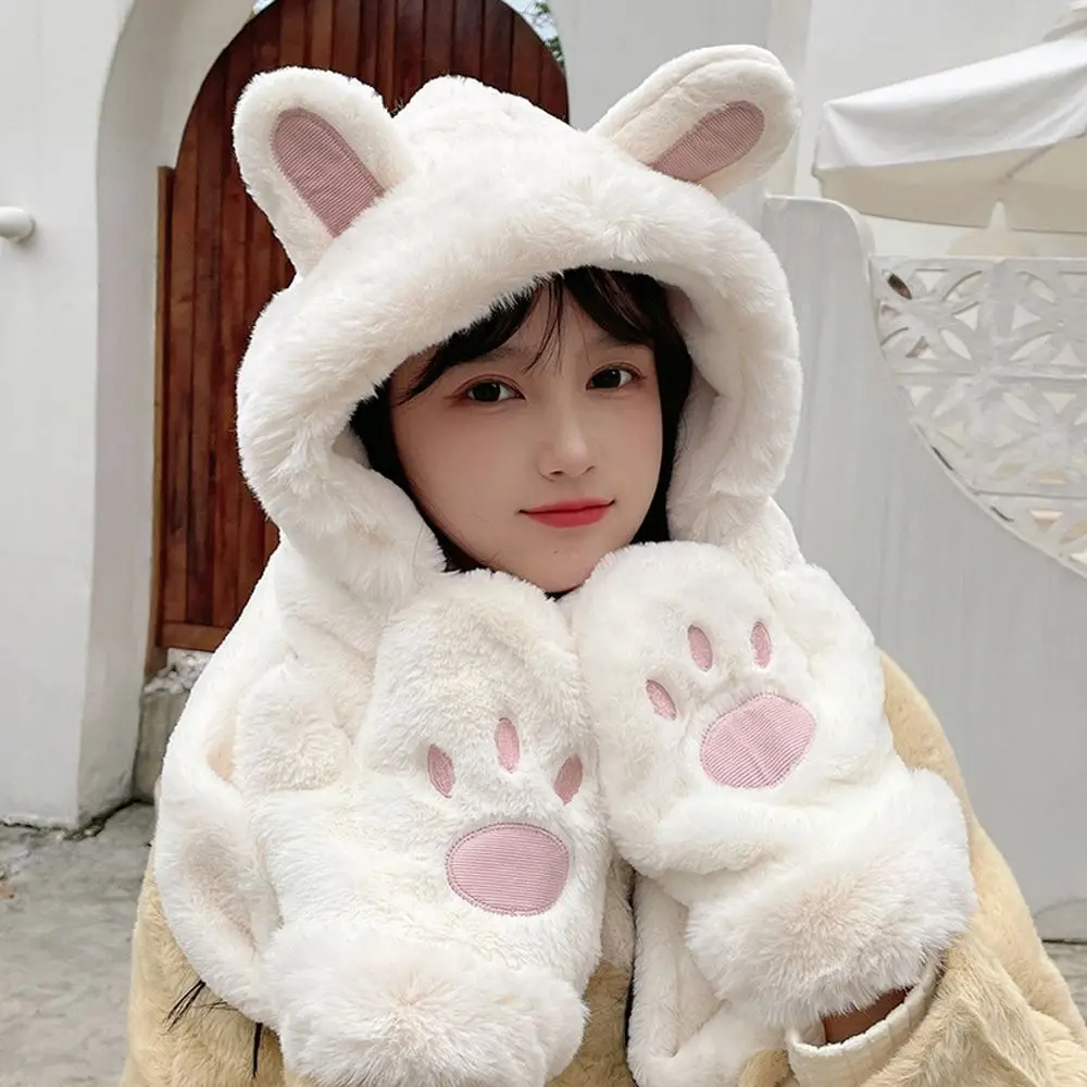 Top Trends: 1Set 3 In1 Gloves Scarf Hat Bear Ears Cute Cartoon Hat Kawaii Funny Birthday Gift Bunny Plush Caps Winter For Women Shoppable Styles