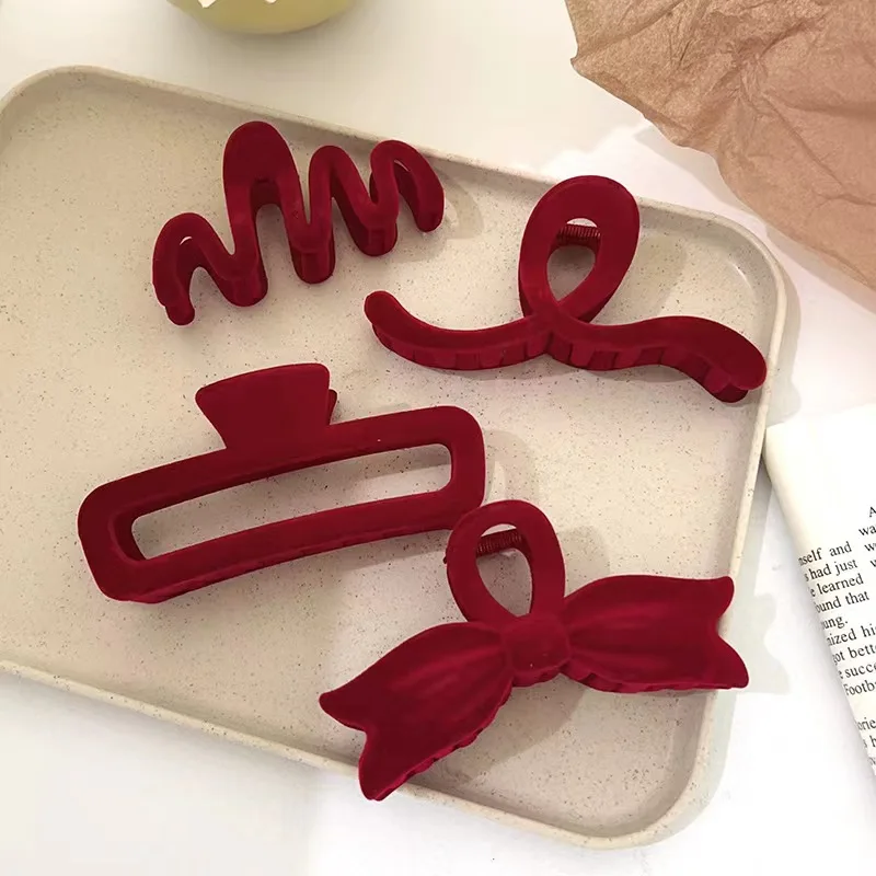 Top Trends: Red Velvet Women Hair Clips Vintage Flocking Grab Clip French Elegant Shark Clip Korean Hair Accessories Girl Hairpin Gift Shoppable Styles