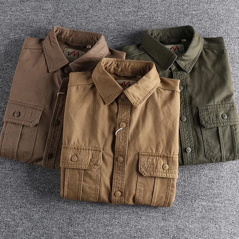 Top Trends: American Tooling Multi-pocket Slim Shirt Simple Wash All-match Long-sleeved Shirt Casual Cargo Top High Quality Retro Nostalgia Shoppable Styles