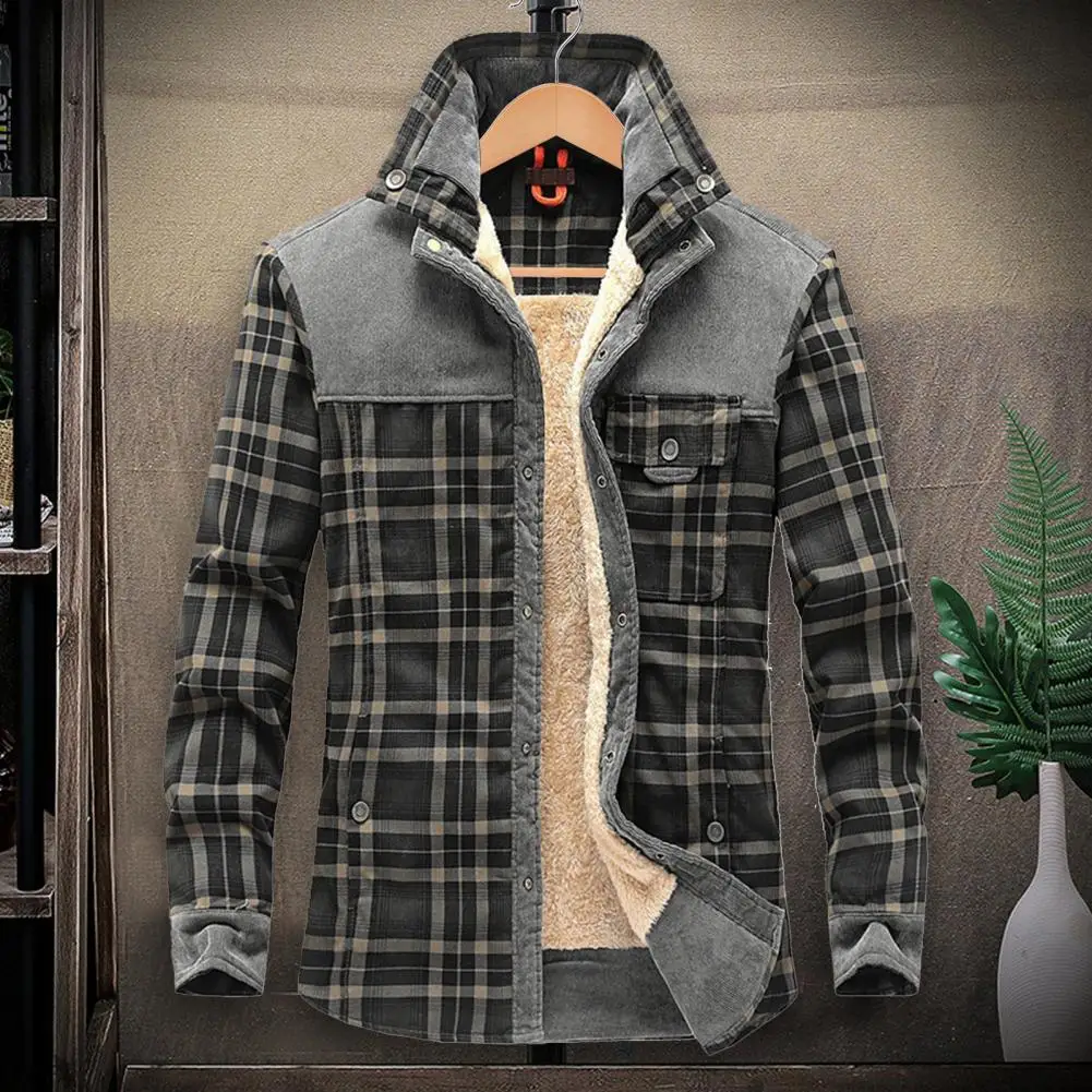 Top Trends: Men Winter Shirts Jackets Hooded Lapel Long Sleeve Plaid Pockets Single Breasted Coat Thickened Fleece Lining Cotton Outerwear Shoppable Styles