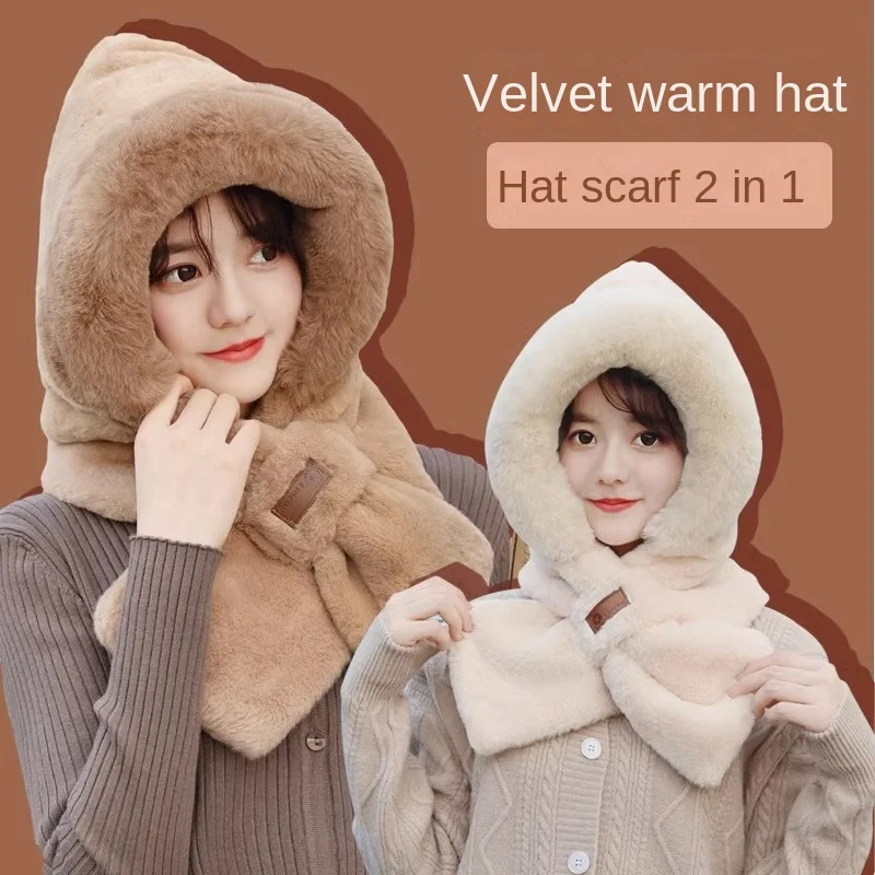 Top Trends: Russian Plush Hat Scarf All-in-one Women Autumn Winter Thickened Warm Cute Scarf Cap Cold Protective Ear Caps Free Package Shoppable Styles