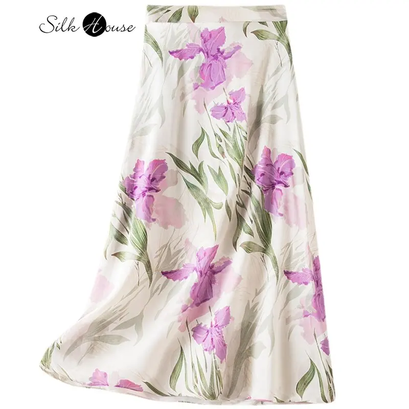 Top Trends: Summer New Silk Halfskirt Women's Elastic Waist Mid Length Versatile Silkworm Silk Slim Printing A-line Skirt Shoppable Styles