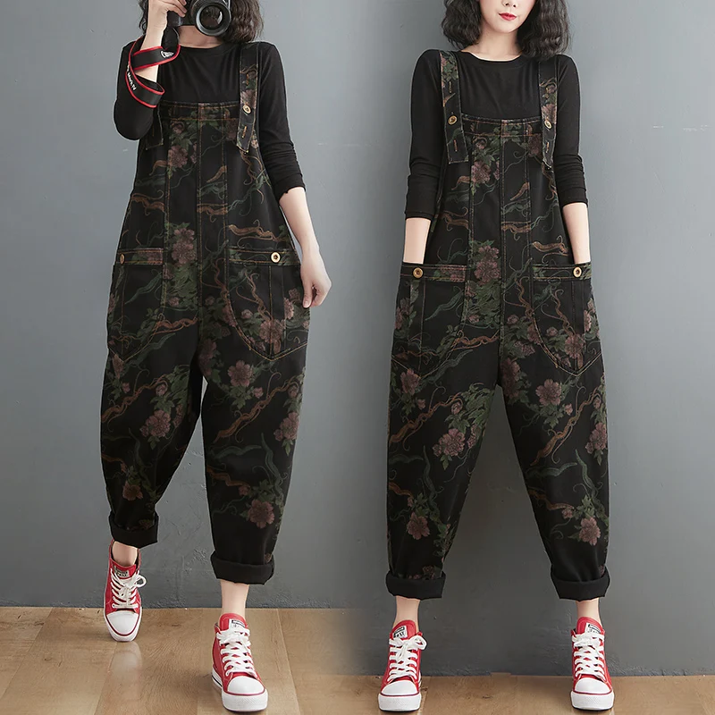 Top Trends: Casual Loose Black Denim Rompers Women&#039;s Jumpsuit Vintage Print Floral Oversized Wide Leg Jeans Overalls Suspender Baggy Pants Shoppable Styles