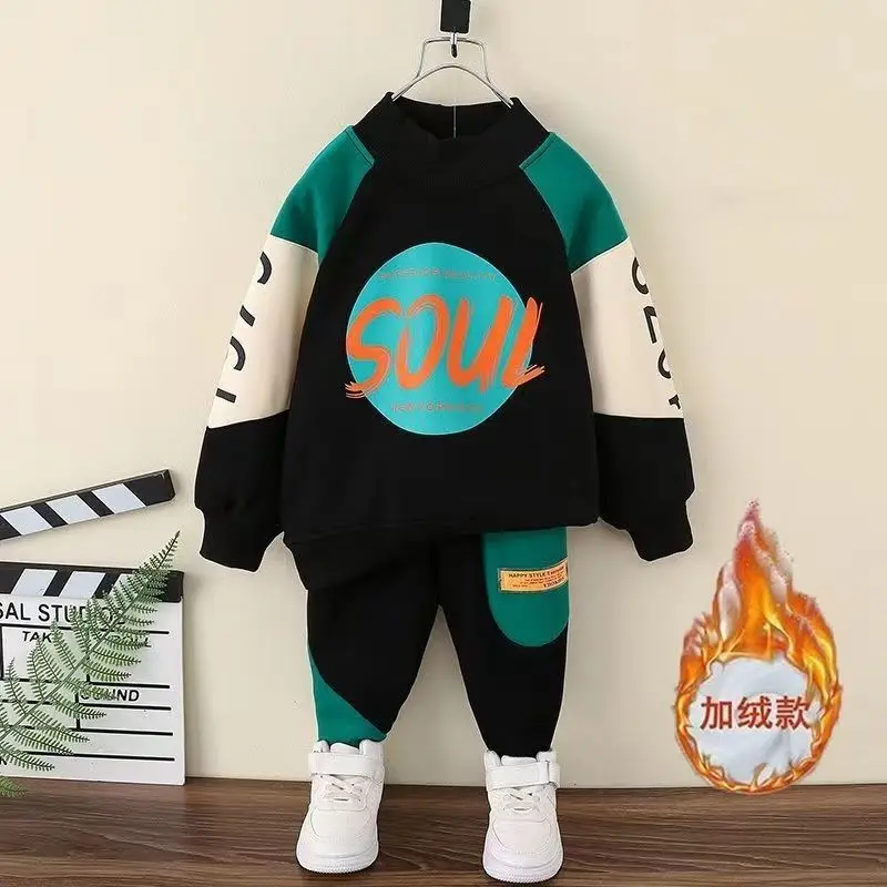 Top Trends: Boys Fleece-Lined Suit 2023 New Baby Autumn And Winter Clothes Children Handsome Fashionable Sports Thickened Two-Piece Suit Shoppable Styles