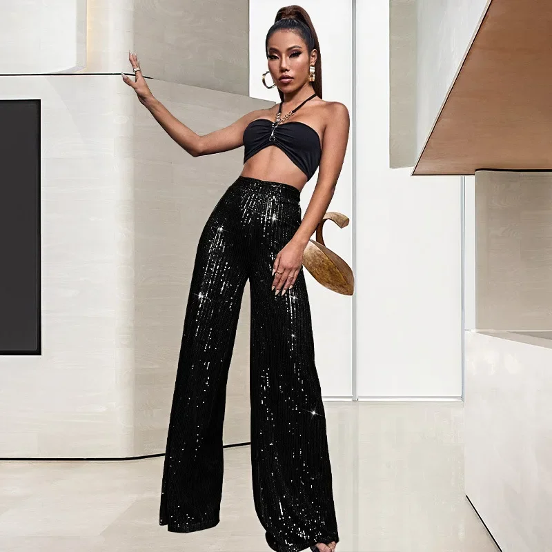 Top Trends: Women Sequin Flare Pants High Waist Sparkle Glitter Wide Leg Loose Pants Trousers Party ClubwearC Champagne Sparkle Streetwear Shoppable Styles