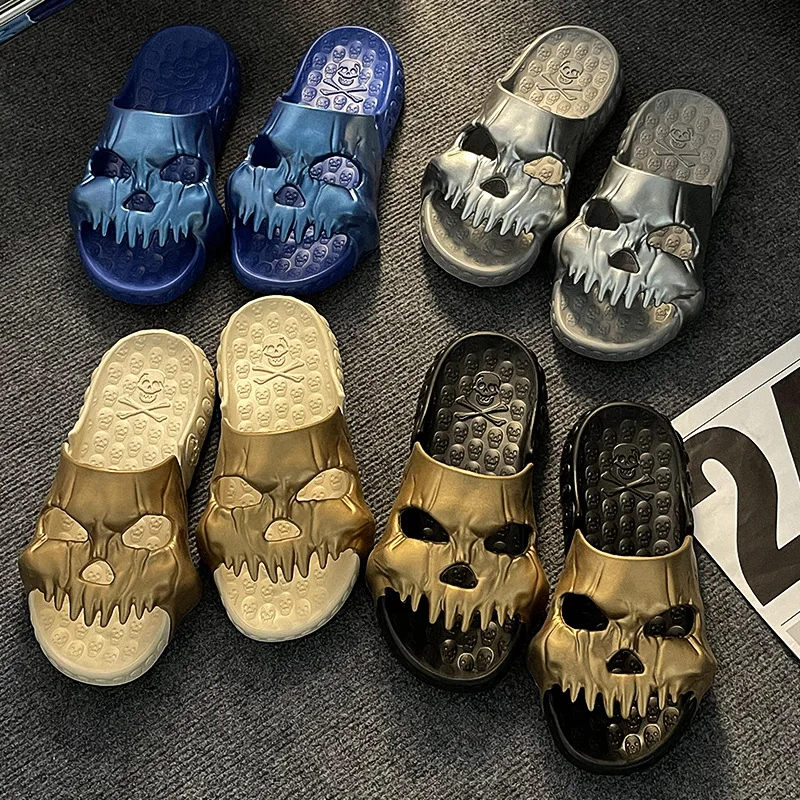 Top Trends: New Personalized Skull Design Men Slippers 2023 Summer Outdoor Fun Slides Thick Bottom Of Beach Non-slip Leisure Women Sandals Shoppable Styles