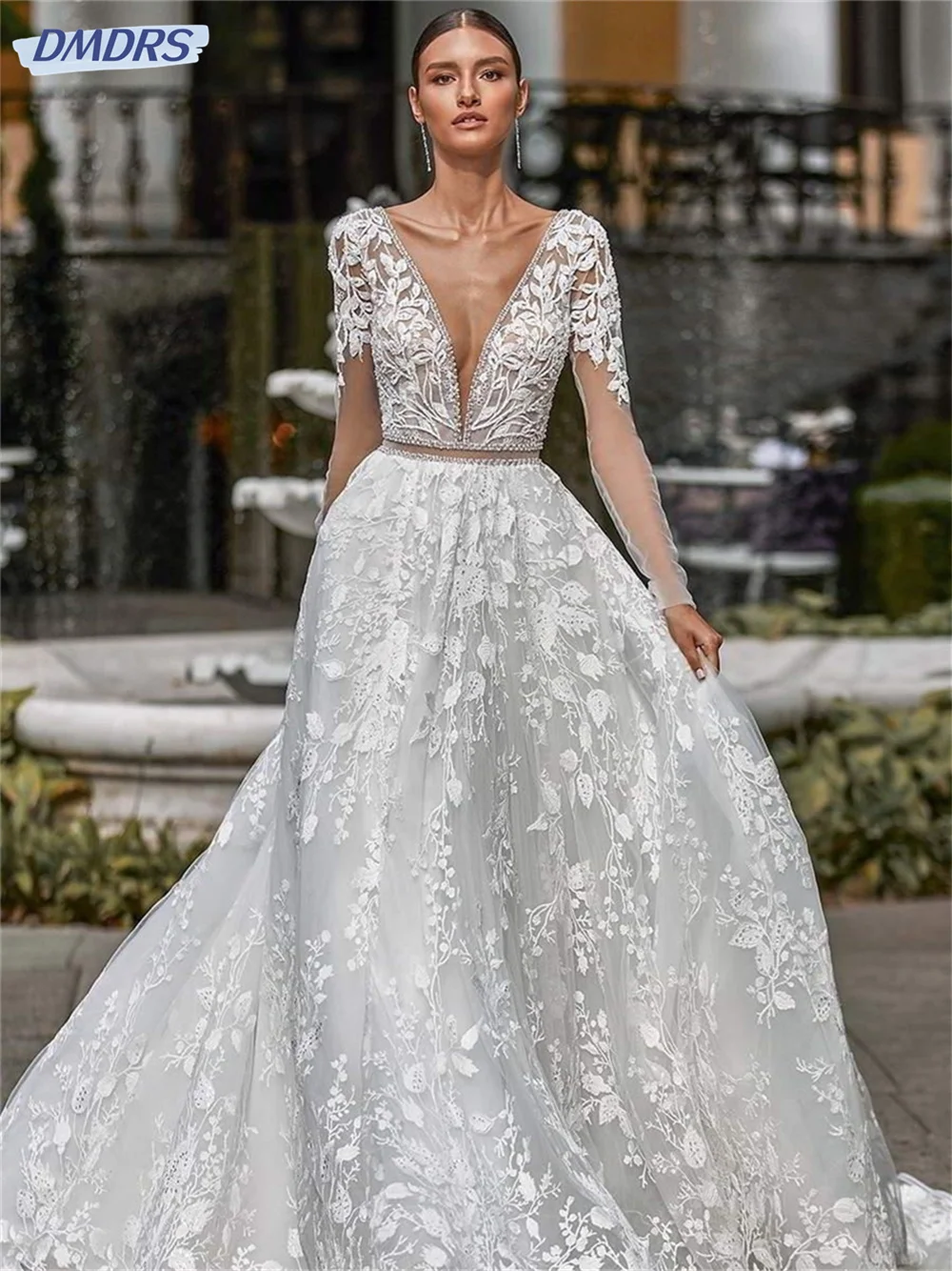 Top Trends: Classic New Wedding Dresses Sexy Deep V Neck Long Sleeves Bridal Gowns Custom Made Backless Sweep Train A Line Wedding Dress Shoppable Styles