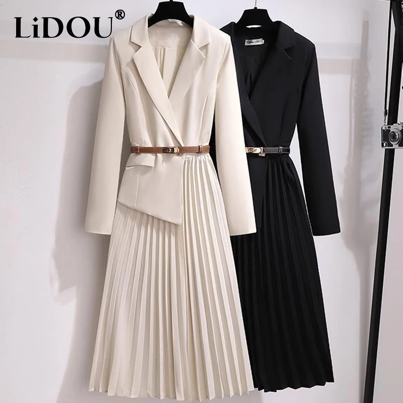 Top Trends: Spring Autumn Elegant Fashion Fake Two Pieces Pleated Dress Women Long Sleeve Blazer Vestido Office Lady Vocation Waist Robes Shoppable Styles