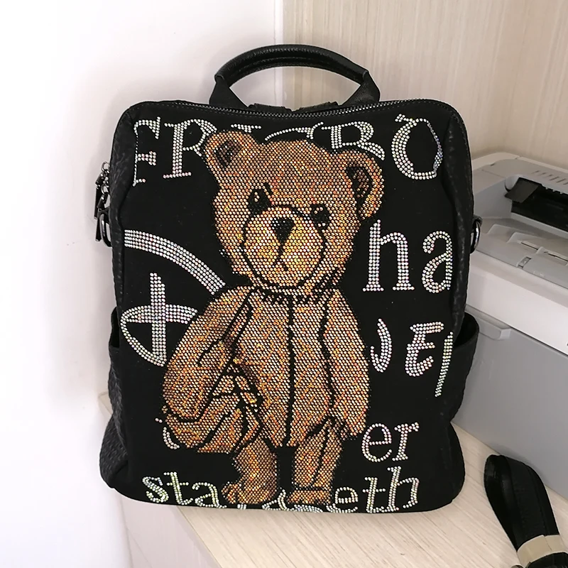 Top Trends: Genuine Leather Women's Backpack Cute Bear Shining Rhinestone Women's Bag Large Capacity Travel School Bagpack Shoppable Styles