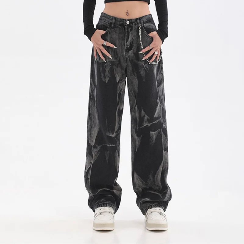 Top Trends: High Street Hip Hop Black Jeans Women Streetwear Vintage Tie Dye Chain Oversize Pants Fashion Casual Wide Leg Straight Trousers Shoppable Styles