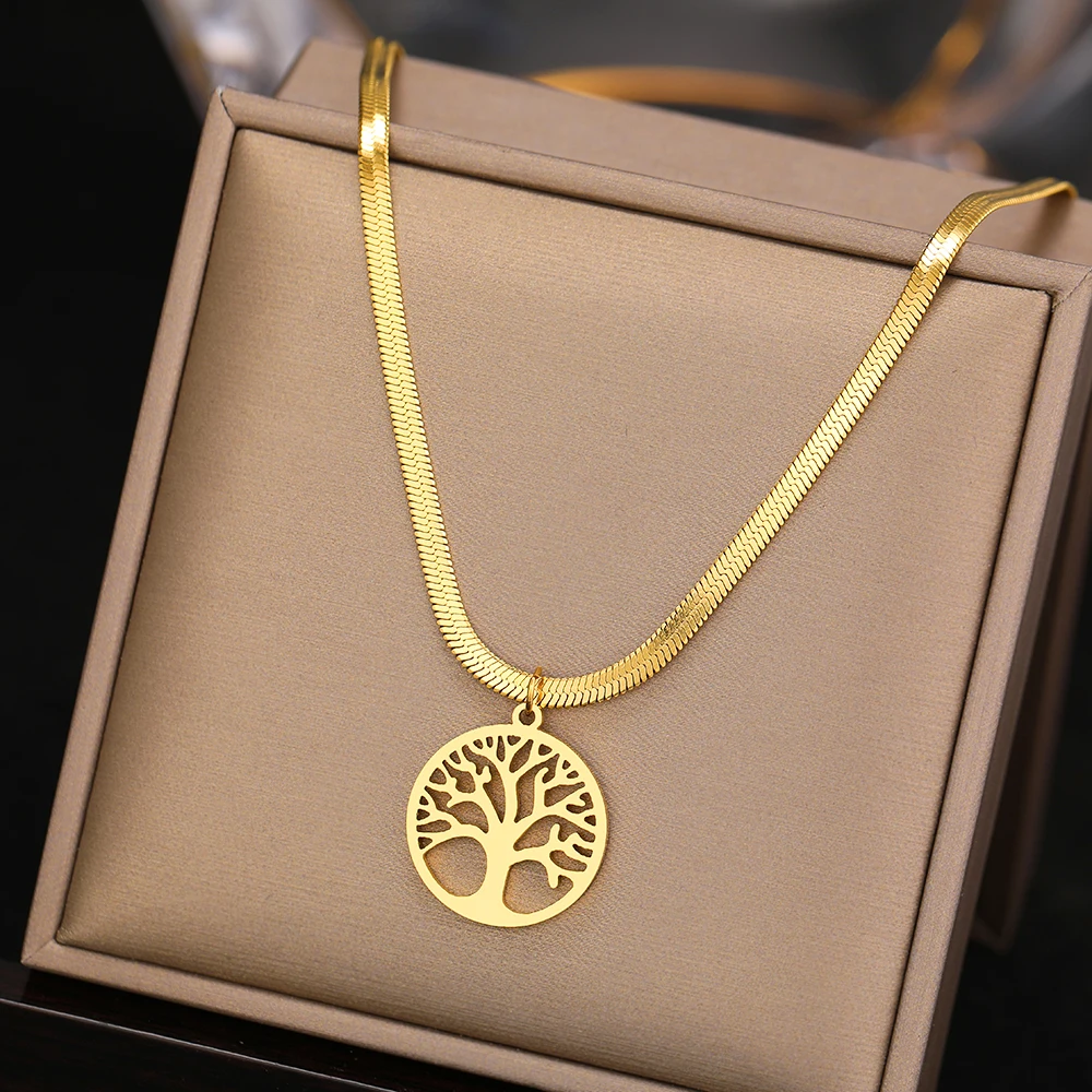 Top Trends: Stainless Steel Necklaces Snake Herringbone Blade Chain Trend Gothic Vintage Fortune Tree Pendants Necklace For Women Jewelry Shoppable Styles