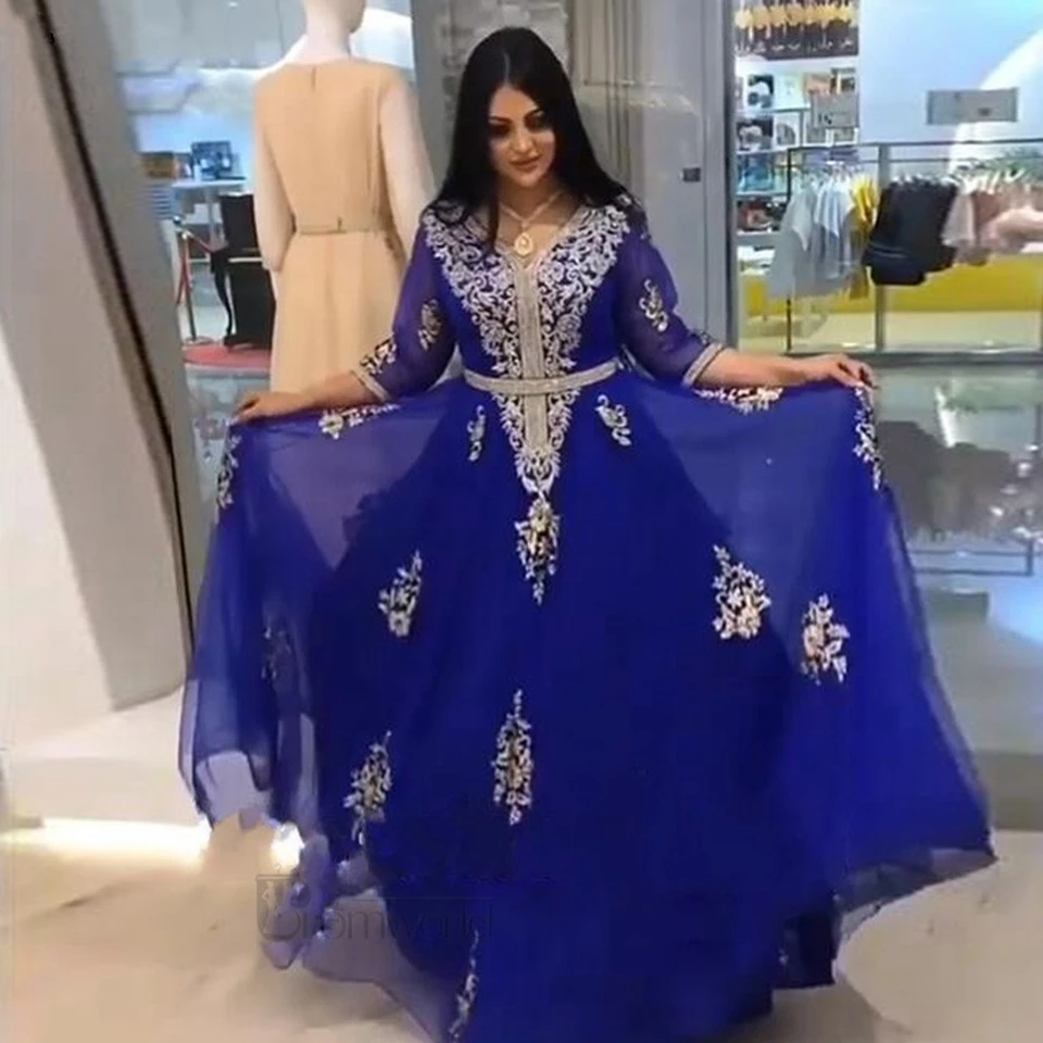 Top Trends: 2023 Exquisite Royal Blue Moroccan Caftan Long Sleeves Formal Evening Dresses V-Neck Appliques Arabic Muslim Party Banquet Gowns Shoppable Styles