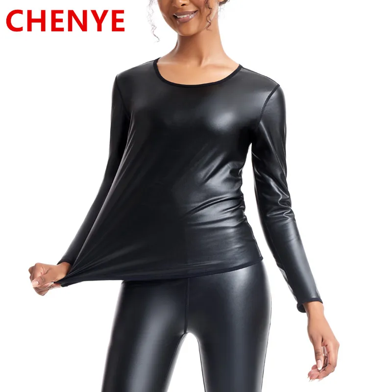 Top Trends: Women Body Shaper Leather Long Sleeves Shirts Faux Motorcycle Biker Tops Waist Trainer Slim Tshirt Fashion Casual Shapewear Tops Shoppable Styles