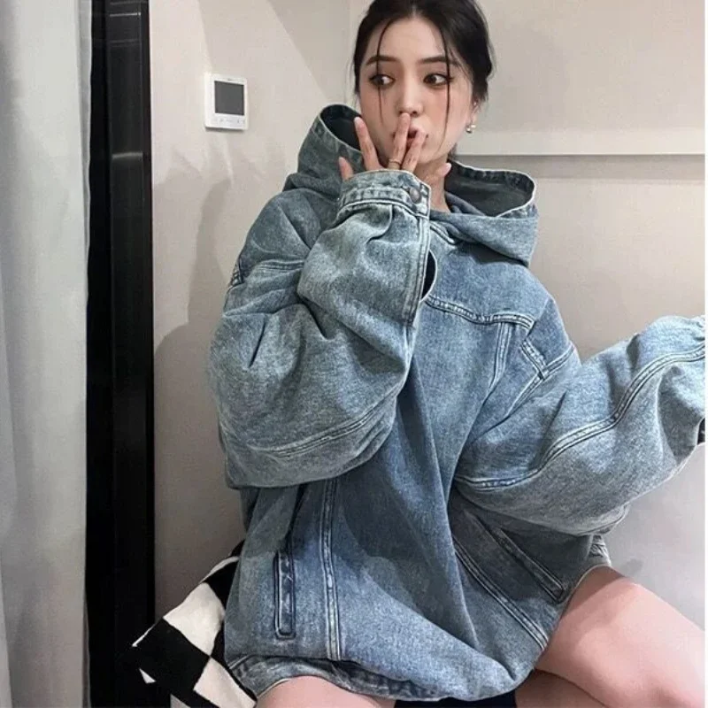 Top Trends: Tide Vintage Denim Hooded Sweatshirt Women Harajuku Y2k Streetwear Pullover Hip-hop Casual Loose Long Sleeve Jacket Tops Shoppable Styles