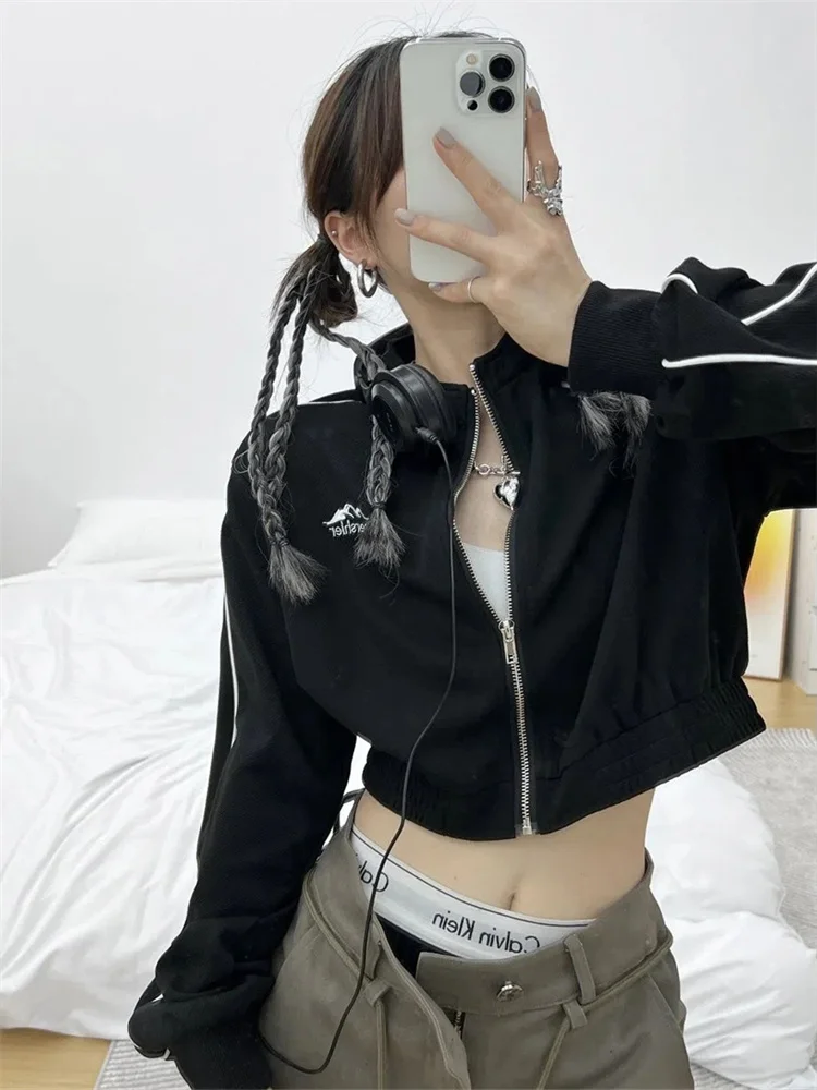 Top Trends: QWEEK Y2K Vintage Zip Up Cropped Hoodie Women Korean Fashion Striped Black Jackets Female Kpop Egirl Harajuku Sweatshirt Sping Shoppable Styles