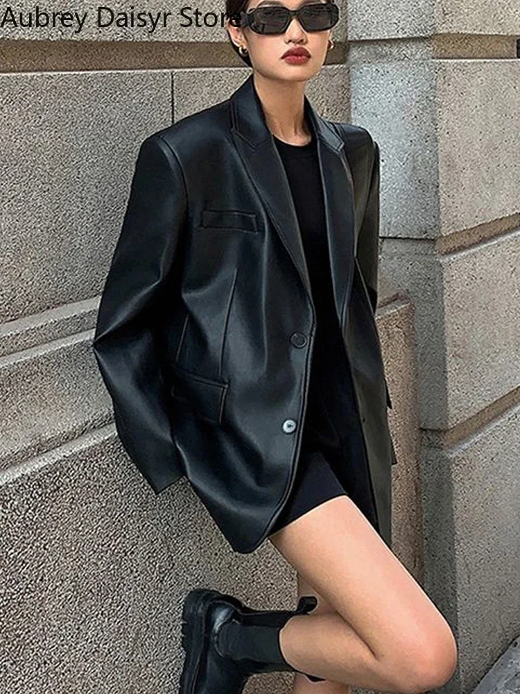 Top Trends: Punk Black Leather Jacket Women Korean Vintage Streetwear Leather Blazer Winter Casual Button Winter Warm Loose Leather Coat New Shoppable Styles