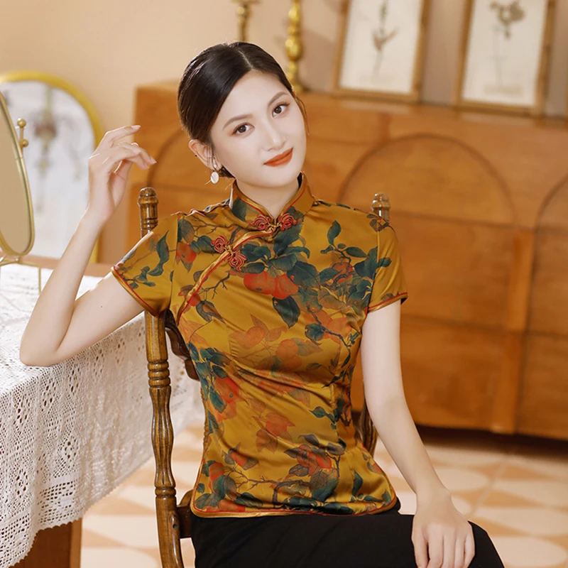 Top Trends: Traditional Chinese Print Flower Women Tang Coat Tops Sexy Slim Shirt Soft Silk Satin Blouse Vintage Classic Clothing Plus Size Shoppable Styles