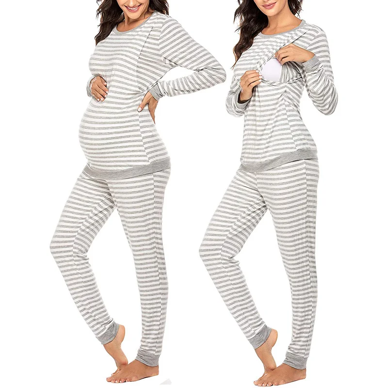 Top Trends: 2023 Women's New Maternity Pajamas Striped Nursing Sleepwear Full Sleeve Nursing Pajama Set Breastfeeding Clothes Shoppable Styles