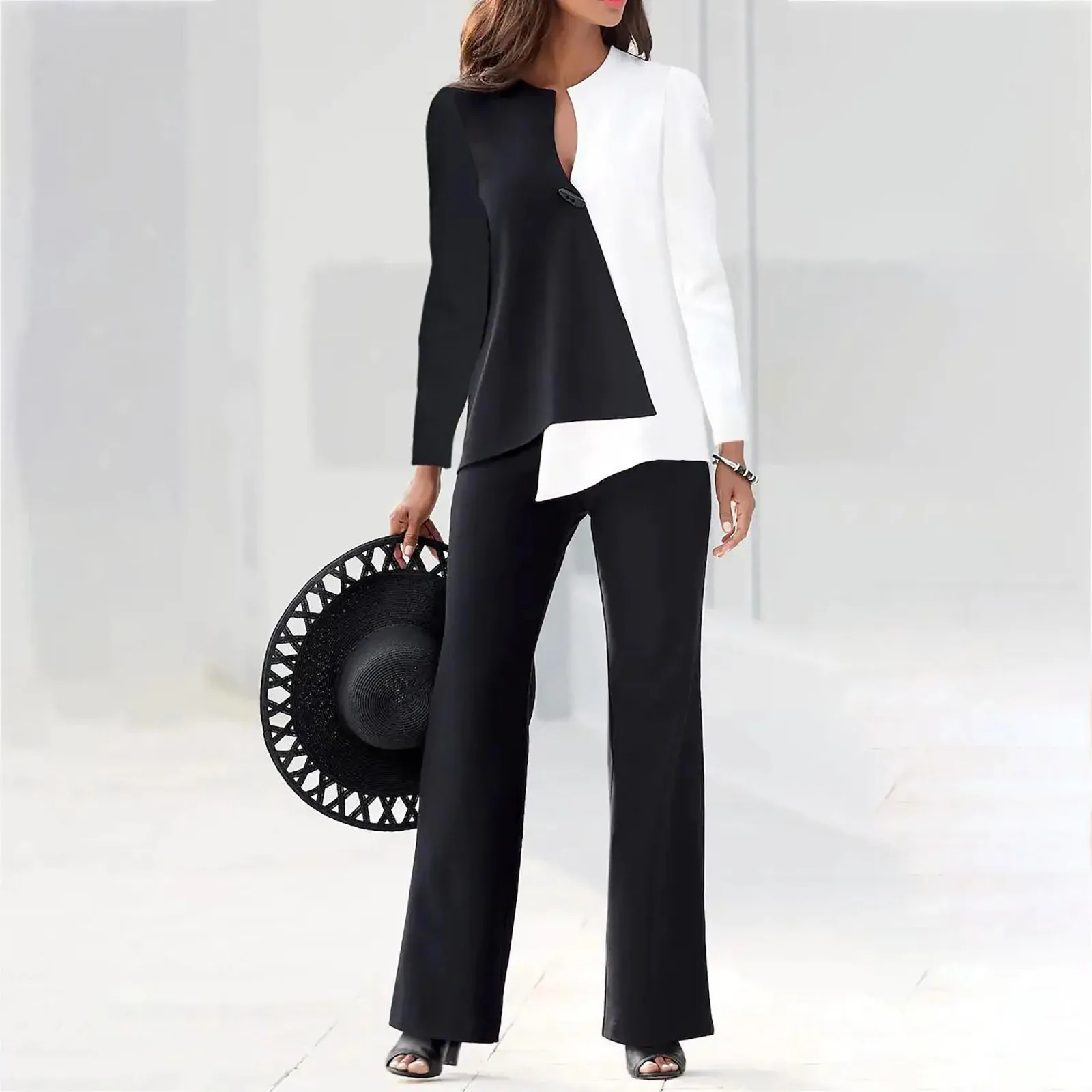 Top Trends: Office Lady 2 Piece Outfits Casual Long Sleeve Colorblock Top Loose Wide Leg Pants Trousers Women 2 Piece Set Suit Korean Style Shoppable Styles