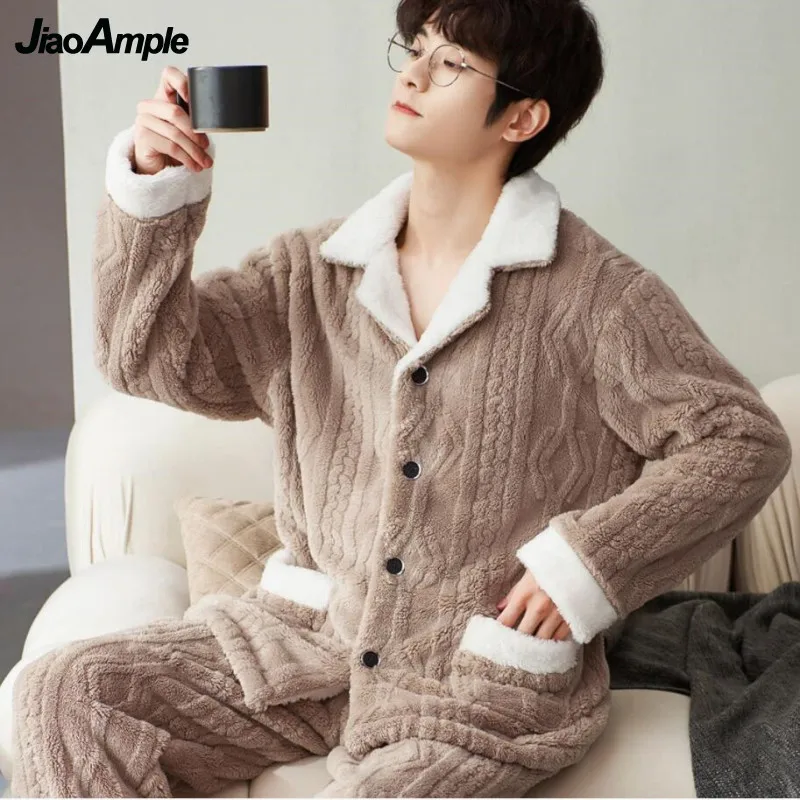 Top Trends: Men's Winter Warm Pajamas 2022 New Loose Thickened Flannel Pyjamas Sleepwear Two-piece Set Korean Fashion Pijamas Homewear Suit Shoppable Styles - Image 4