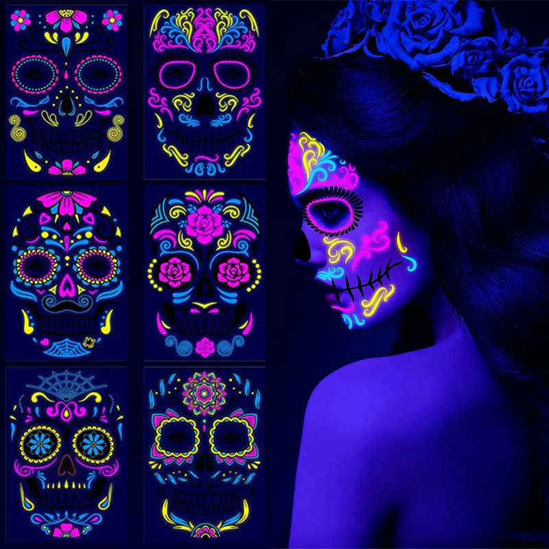 Top Trends: Day Of The Dead Temporary Fluorescent Face Tattoos Halloween Sticker Flower False Tattoo Festival Party Body Sticker Waterproof Shoppable Styles